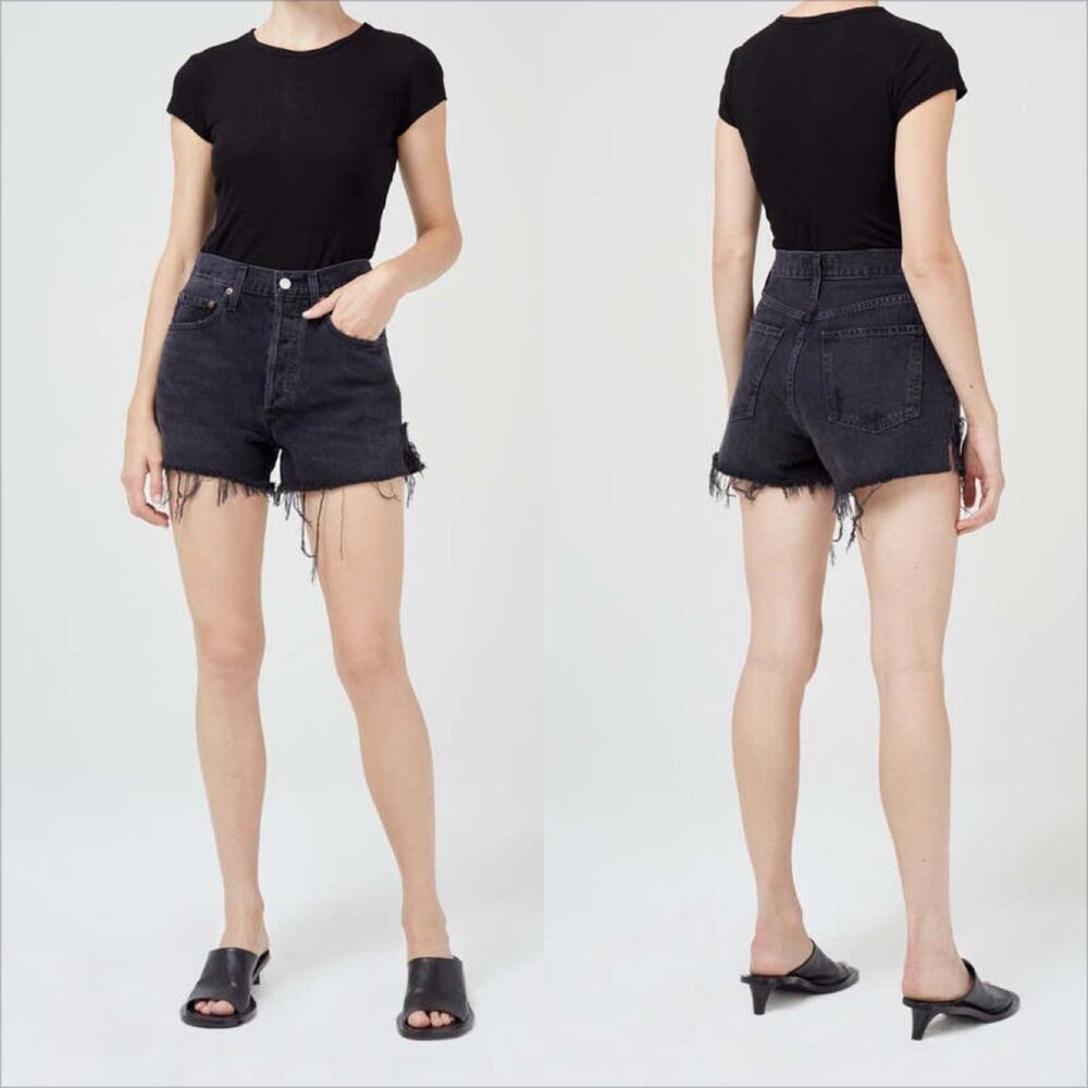 Agolde Dee Short Size 28 Black Divine Raw Hem Button Fly High Rise Rigid Cotton - Picture 1 of 5